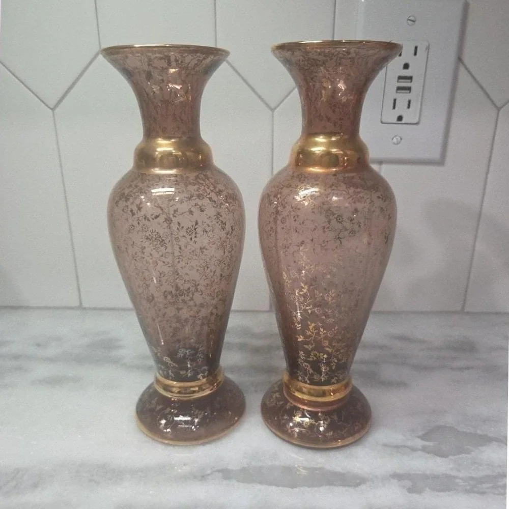Vecchia Murano Cranberry Gold Vases, Set of 2, Vintage Signed Italian Art Glass‎